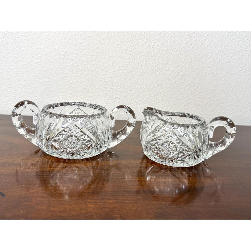 Antique American Brilliant Cut Glass Creamer Sugar Set Hobstar Pinwheel ABP